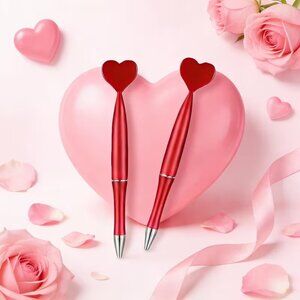 ❤️ Set of 2 Heart-Shaped  Love Ballpoint Pens Red Metallic Valentines Gift
